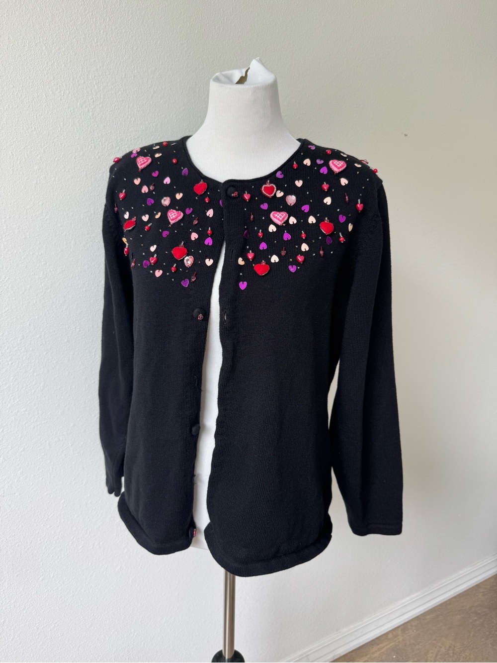 Bobbie Bell Valentines Heart Gem/Rhinestone Black Cardigan